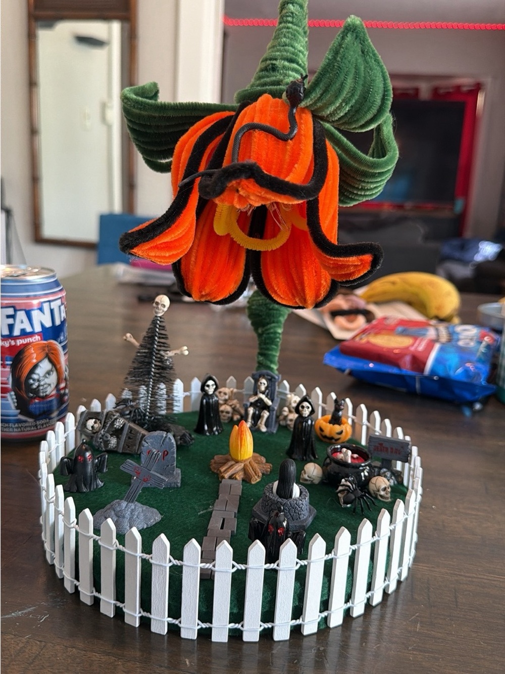 Orange & Green Velvet Pumpkin Flower Halloween Centerpiece